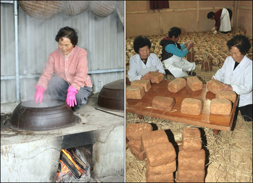 백정자 할머니가 장작불을 지핀 가마솥에서 익어가는 콩을 살피고 있다(왼쪽). 오른쪽은 부녀회원들이 메주를 만들고 있는 모습이다.