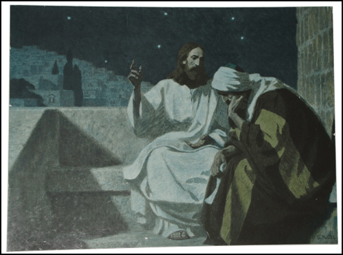 바리새인이자 유대인의 관원으로 산헤드린 공회원이었던 니고데모가 예수님을 밤에 찾아와 '거듭남'의 교훈을 깨닫게 되는 장면을 그린 작품입니다. 이 그림은 유화작품인데, G.Fugel의 작품으로 유물관에 따로 보관되어 있습니다.