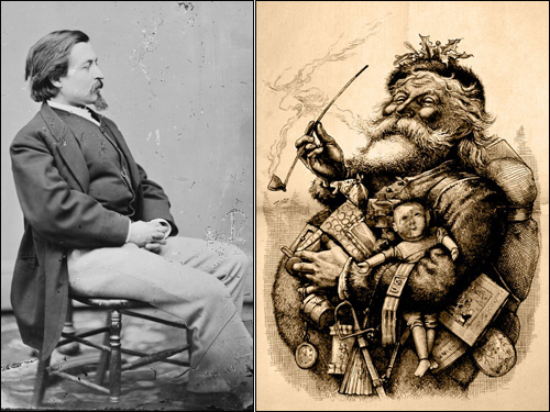 왼쪽은 미국 삽화가인 토마스 나스트이며, 오른 쪽은 그가 1881년에 그린 산타의 모습.