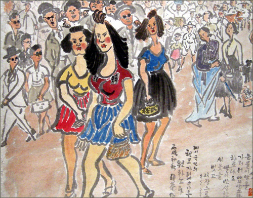 이응노(1904-1989) I '거리의 풍경-양색시' 종이에 수묵담채 50×66cm 1946 개인소장