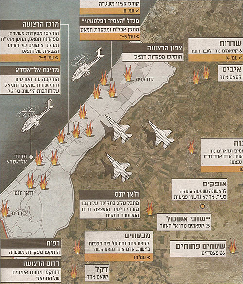 이스라엘 일간지 <마아리브>가 보도한 이스라엘의 군사공격 상황. 이스라엘은 27, 28일 양일간에 걸쳐 전투기와 헬기를 동원해 가자지역 전역을 공격했다.