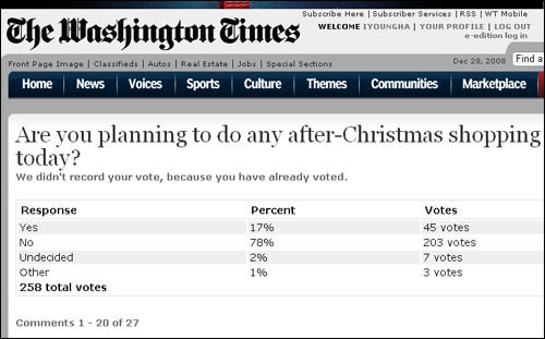 "애프터 크리스마스 쇼핑을 할 계획이세요?" 여론조사를 실시했던 <워싱턴타임스> 인터넷 판. 
