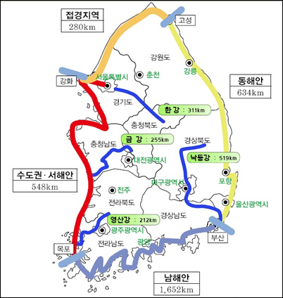 정부가 '녹색뉴딜' 정책 가운데 하나로 발표한 전국일주 자전거도로망 계획도. 총 길이가 3114km다. 남해안이 1652km로 가장 길며 동해안(634km), 서해안(345km), 접경지역(280km). 수도권(203km) 순이다. 4대강살리기 프로젝트(자전거길)는 1297km다.