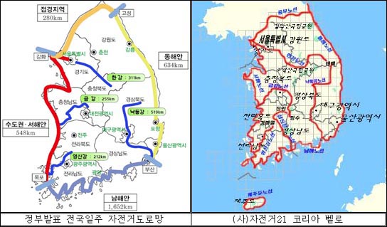  [왼쪽지도] 정부가 최근 '녹색뉴딜' 정책 가운데 하나로 발표한 전국일주 자전거도로망 계획도. 총 길이가 3114km다. 4대강살리기 프로젝트(자전거길)는 1297km다. / [오른쪽 지도] ㈔자전거21에서는 2005년 1월 5대강노선과 서해안·남해안·동해안·중부노선을 연결하는 총 연장 4940km의 'Korea Velo(코리아 벨로)' 계획을 발표했다. 