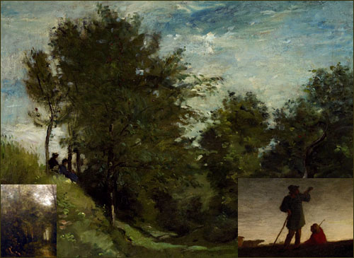 샤를 프랑수아 도비니 I '제방에 앉은 사람들과 풍경' 캔버스에 유채 630×770cm 1870. 밀레 I '양떼 모으기' 패널에 유채 115×155cm 1870(아래 오른쪽). 코로 I '몽페르뫼이(숲속에 시내)'1867(아래 왼쪽)