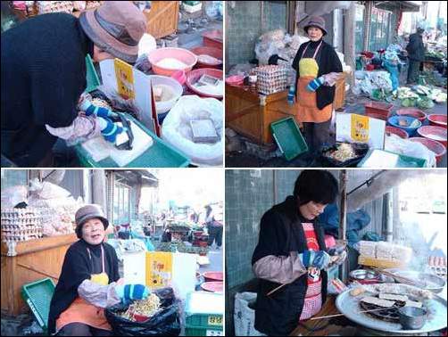 (위왼쪽) 두부를 팔고 있는 김삼순씨. 지금 김삼순씨는 가게를 늘렸다. 단지 풀빵만 파는 게 아니다. (위오른쪽) 가게 앞에 선 김삼순씨. 김삼순씨는 풀빵 외에도 잡곡을 비롯한 난전을 펼친다. (아래왼쪽) 콩나물을 다듬는 김삼순씨. 김삼순씨 가게에서 풀빵 다음으로 잘 나가는 게 있다면 바로 콩나물이다. (아래오른쪽) 오뎅꼬지를 준비하는 김삼순씨. 오뎅꼬지를 준비하는 김삼순씨의 모습이 사뭇 진지하다. 그만큼 정성을 들인다. 