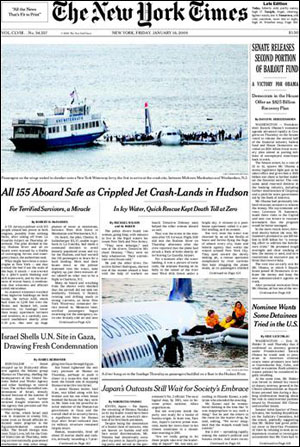 추락사고가 머릿기사를 장식한 16일 <뉴욕 타임스>의 1면. 부시의 고별 연설기사는 21면에 실렸다.