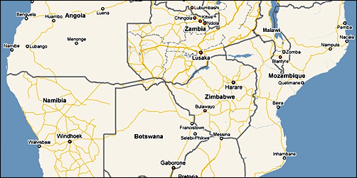 남쪽으로 남아프리카 공화국, 서쪽으로 보츠와나, 북쪽으로 잠비아, 동쪽으로 모잠비크와 국경을 맞대고 있다.