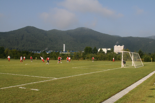 동호인들의 경기 장면 홍천군 축구협회장기에 참여한 코끼리팀의 경기