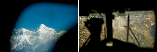 경비행기 창밖으로 보이는 히말라야 설산(왼쪽) 조종사가 전방에 보이는 ‘손톱만한’ 활주로를 향해 비행기의 고도를 낮추고 있다.(오른쪽) 
