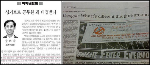 싱가포르에서는 청렴한 공무원들 때문에 모기가 없다는 <조선일보>의 기사를 보고, 싱가포르가 모기 때문에 얼마나 골머리를 앓는지 조사해서 기사를 썼다. <조선일보> 기사(왼쪽)와 내 기사 중 일부 이미지(오른쪽)
