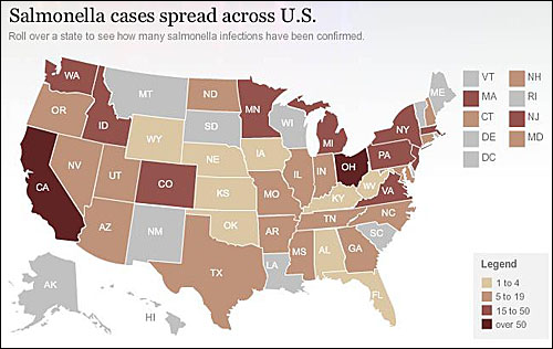 msnbc가 발표한 미 전역 살모넬라 식중독 분포도.