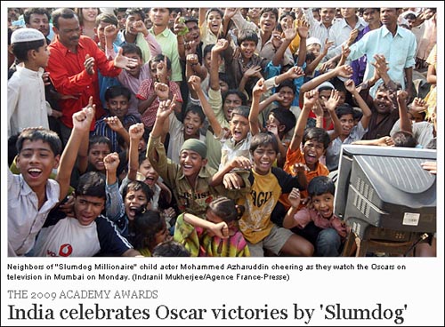  <뉴욕타임스>가 슬럼독 밀리어네어의 인도 출신 아역 배우 모하메드 아자루딘의 고향 뭄바이 주민들이 아카데미 시상식을 시청하며 환호하는 분위기를 전하고 있다. 