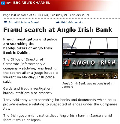 아일랜드 은행의 자금 스캔들을 보도한 <BBC>.