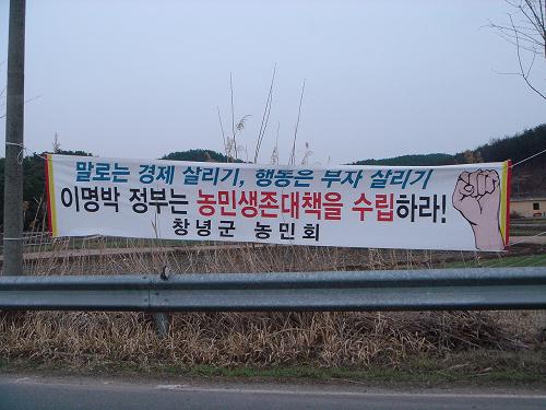 들녘을 지키고 있는 창녕군 농민회가 내건 현수막.