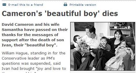 데이비드 캐머런 보수당 당수의 아들 이반의 사망을 보도하는 영국 BBC 홈페이지