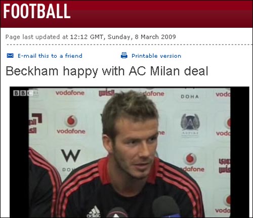  데이비드 베컴의 AC 밀란 잔류 확정을 보도하는 영국 BBC 홈페이지