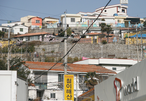 통영 앞바다에서 올려다 본 동피랑 마을의 전경. 골목길 담벼락 벽화 사이로 주민들의 이야기가 흐른다.