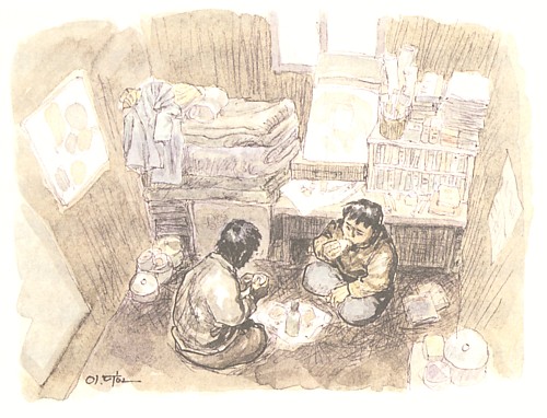 사잇그림 3. 가난한 가운데 그림을 배우던 때를 떠올리던 그림. 눈물 젖은 빵을 동무와 나눠 먹는 모습입니다.