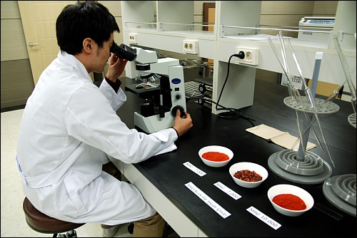 황재호(25) 연구원 옆에 놓인 그릇에는 고추가루가 매운 맛의 강도에 따라 담겨 있다. 연구소에서는 떡볶이 재료에 대한 연구와 분석을 실시한다.