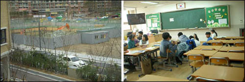 판교 신도시 초등학교 학교 2층에서 공사현장을 내려다 본 모습과 공사소음 때문에 교실 밖으로 나가지 않는 아이들