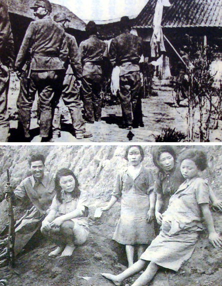 '위안소' 앞에서 차례를 기다리며 줄을 서고 있는 일본군들(위), 미얀마 전선에서 연합군에 의해 보호된 한국인 '위안부'들