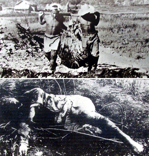 홋가이도 사백금광산 징용 노동자들의 채굴 원석 운반 광경(위)과 철도공장에서 학살된 한국인 노무자