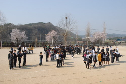 과학 퀴즈를 맞추기 위해 운동장에 늘어선 학생들