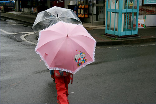 초등학교 등굣길, 우산속의 아이들
