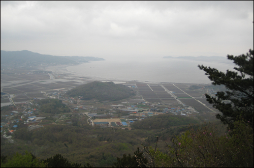  진강산에서 바라본 산하. 산, 마을, 들판, 바다가 한눈이다.