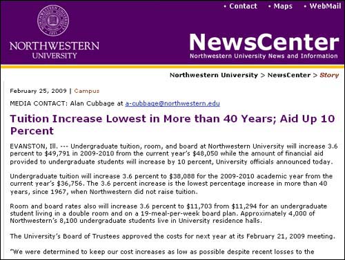  수업료 인상률이 3.6%로 40여 년만에 최저를 기록하고 재정보조는 10%까지 올랐다고 보도한 노스웨스턴 대학교. 