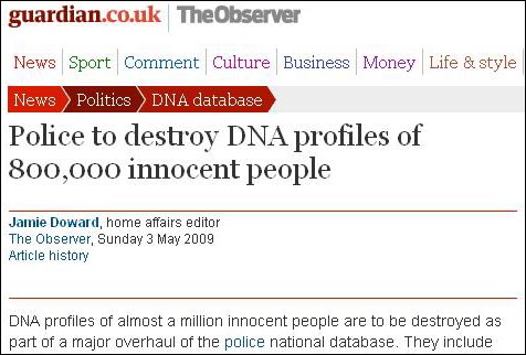영국 경찰이 유전자 데이터 베이스에 저장되어 있는 정보의 일부를 폐기하겠다고 밝혔다고 영국 일간지 '가디언'이 보도했다. 