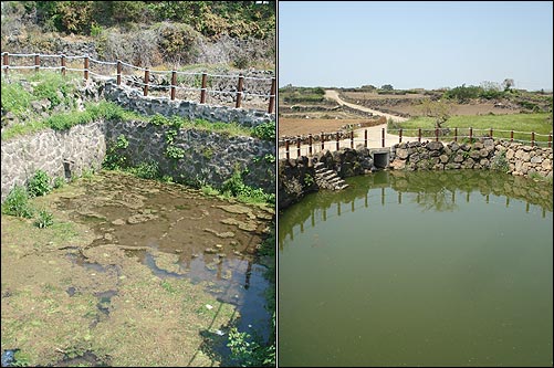 명월리의 또다른 볼거리 '짐수레물'. 왼쪽이 물허벅으로 물을 길어다 먹던 우물이고 오른쪽이 공동 목욕탕이자 빨래를 했던 곳. 우물은 1960년대까지 사용했다고 한다. 