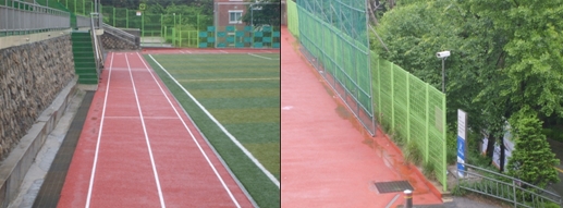 남강 중학교 인조 잔디 축구장 바깥에 있는 육상 트랙과 CCTV.