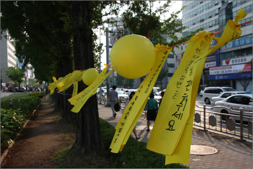 서대전시민공원을 둘러싸고 있는 나무에는 추모객들이 달아 놓은 노란색 풍선과 리본이 물결을 이루고 있다.