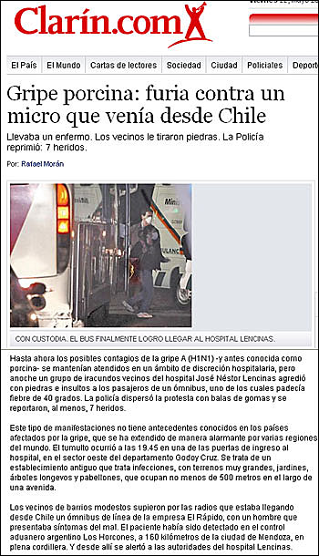 아르헨티나 언론 clarin의 신종 플루 관련 보도. 