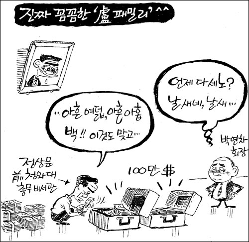 지난 5월 13일 '조선만평'. 노무현 전 대통령이 정상문 비서관이 세고 있는 돈을 쳐다보며 침을 흘리고 있다. 