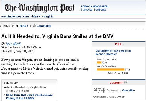 <워싱턴포스트>가 실시한 네티즌들의 여론조사 결과. 총 1969 명이 응답한 가운데 절대 다수인 87%가 버지니아 주의 '미소 금지' 사진에 반대 입장을 분명히 했다. 
