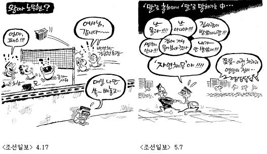 조선일보 4월17일, 5월 7일자 만평