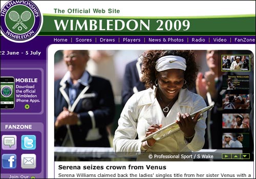  세레나 윌리엄스의 우승을 알리는 2009 윔블던테니스 공식 홈페이지 첫 화면