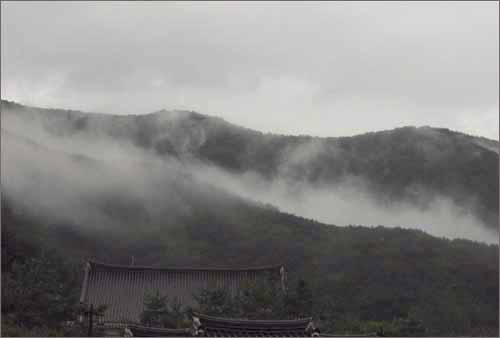 소쇄원 가는 길. 가사문학관 뒷산에 걸친 구름이 한 폭의 그림을 연상케 한다.