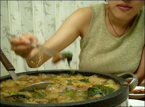 20여 년 전 딸이 처음 보신탕 맛을 보았던 식당에서 전골을 맛있게 먹는 모습. 얼굴이 잘려서 마음이 편하지 않은데요. 숙녀 티를 내는 것인지 본인이 고사하는 바람에 어쩔 수 없었습니다.
