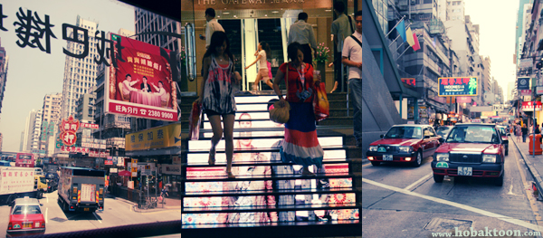 (왼쪽부터) 간판의 높이가 낮은 거리, 계단광고, 그리고 빨간색 택시