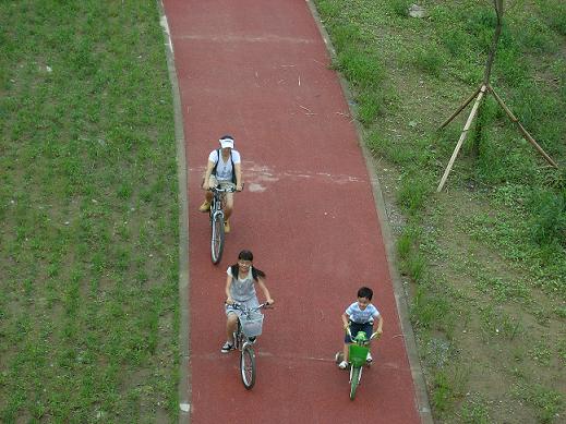 다리 위에서 아래로 보이는 자전거 도로를 달리는 가족을 찍었다...