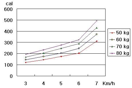 걷기의 속력이 빨라질 수록 칼로리의 소모량은 증가한다. 특히 6 km/h보다 7 km/h의 속력으로 걸을 때 칼로리의 소모량이 급격히 증가하는 것을 알 수 있다. 