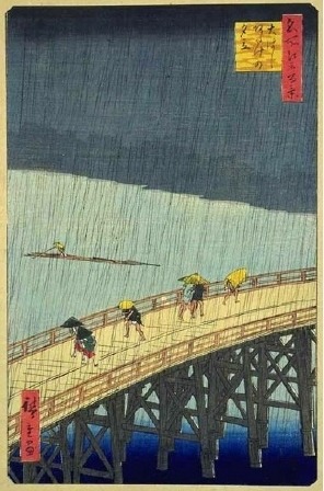 안도 우타가와 히로시게(Ando Utagawa Horoshige, 일본, 1797-1858), 다리 위에 갑자기 내리는 소나기(Sudden Shower over Shin Ohasi Bridge and Atake), 1857, Woodblack Print, Brooklin Museum, New York, USA  (이 히로시게의 그림도 역시 저작권이 말료되어 저작권에서 자유로운 작품이므로, 희망하시는 분들은 자유롭게 활용할 수 있습니다)