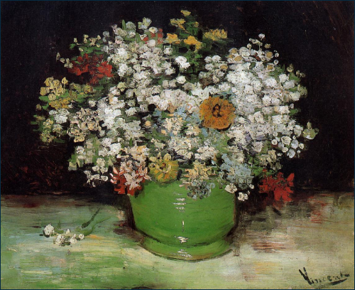 (Vase with Zinnias and Other Flowers), 1886, National Gallery of Canada, Canada 

(고흐의 그림들은 저작권이 만료된 작품들이므로 자유롭게 활용할 수 있으며, 고흐의 작품들을 바탕그림으로 저장해 큰 그림으로 감상하시면 더 실감나게 즐길 수 있습니다.)