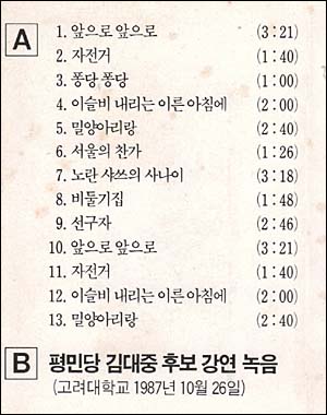  1987년 김대중 후보 로고송 카세트 안쪽 표지.