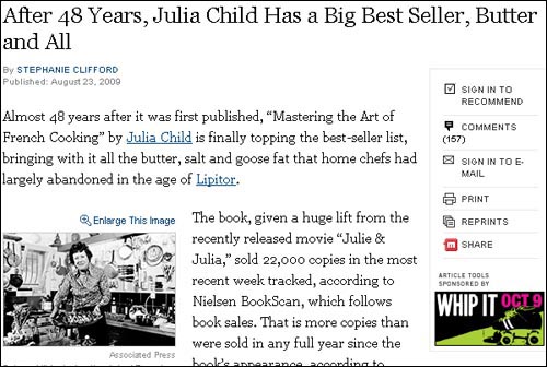 줄리아 차일드 프랑스 요리책의 베스트셀러 등극을 보도하는 뉴욕타임스