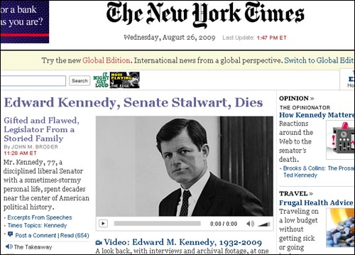 에드워드 케네디 상원의원의 사망을 보도하는 <뉴욕타임스>